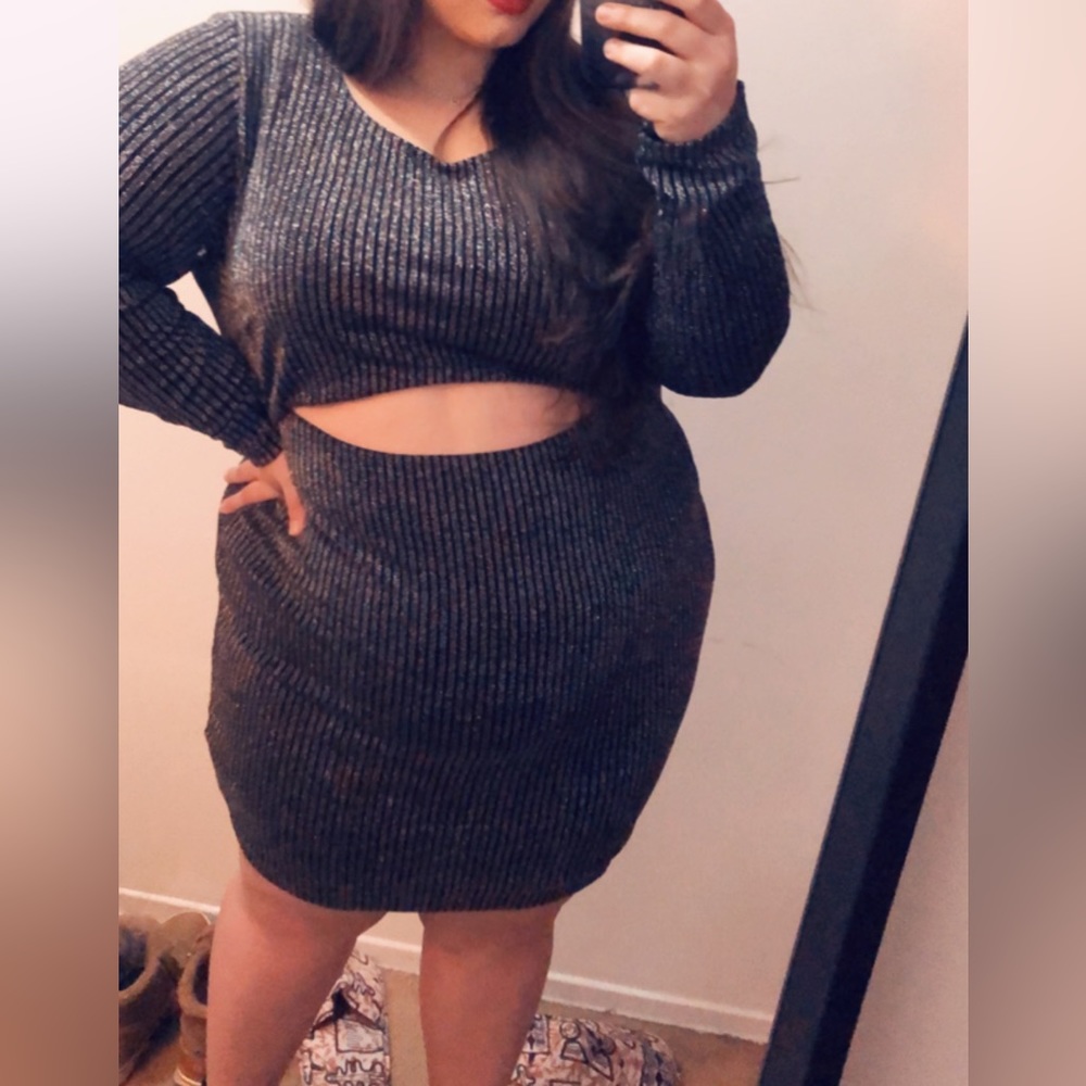 Long Sleeve, Glittery Plus Size Dress with Cutout